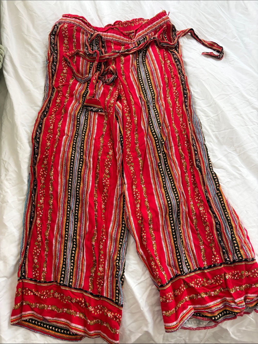 LOFT Red Striped Wide-Leg Pants with Waist Tie